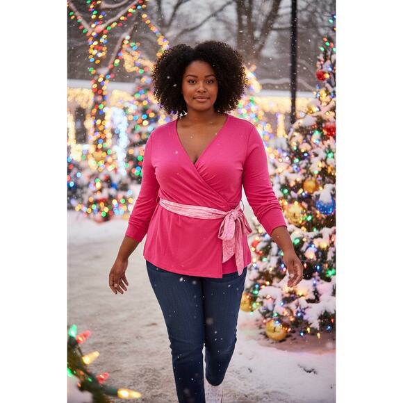 J. CREW NWT FormKnit Pink Long Sleeve Wrap Top w/ Velvet Tie Belt Sz 2X Holidays - Picture 1 of 14